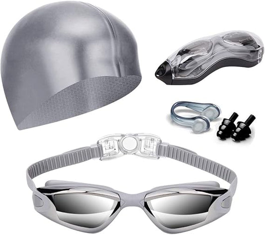 Gray Swim Goggles Set with Cap, Nose Clip, Earplugs & Case: Anti-Fog UV Protection for Men & Women