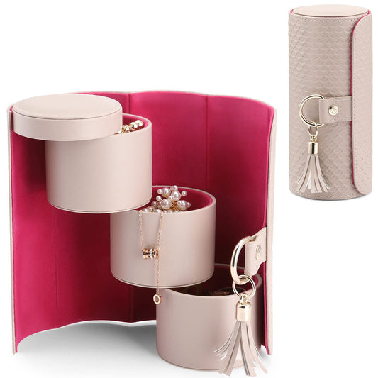 Grey Travel Jewelry Case: 3-Layer PU Cylinder Organizer for Necklaces, Earrings, Gifts for Travelers & Jewelry Lovers
