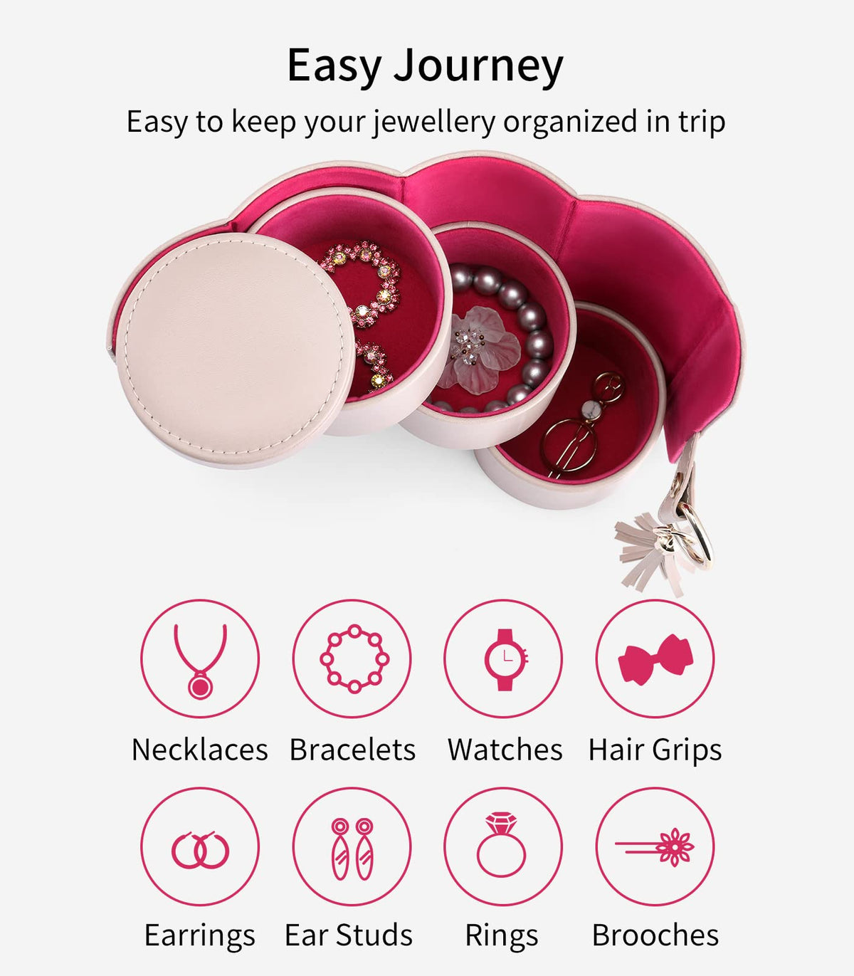 Grey Travel Jewelry Case: 3-Layer PU Cylinder Organizer for Necklaces, Earrings, Gifts for Travelers & Jewelry Lovers