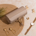 Grey Travel Jewelry Case: 3-Layer PU Cylinder Organizer for Necklaces, Earrings, Gifts for Travelers & Jewelry Lovers