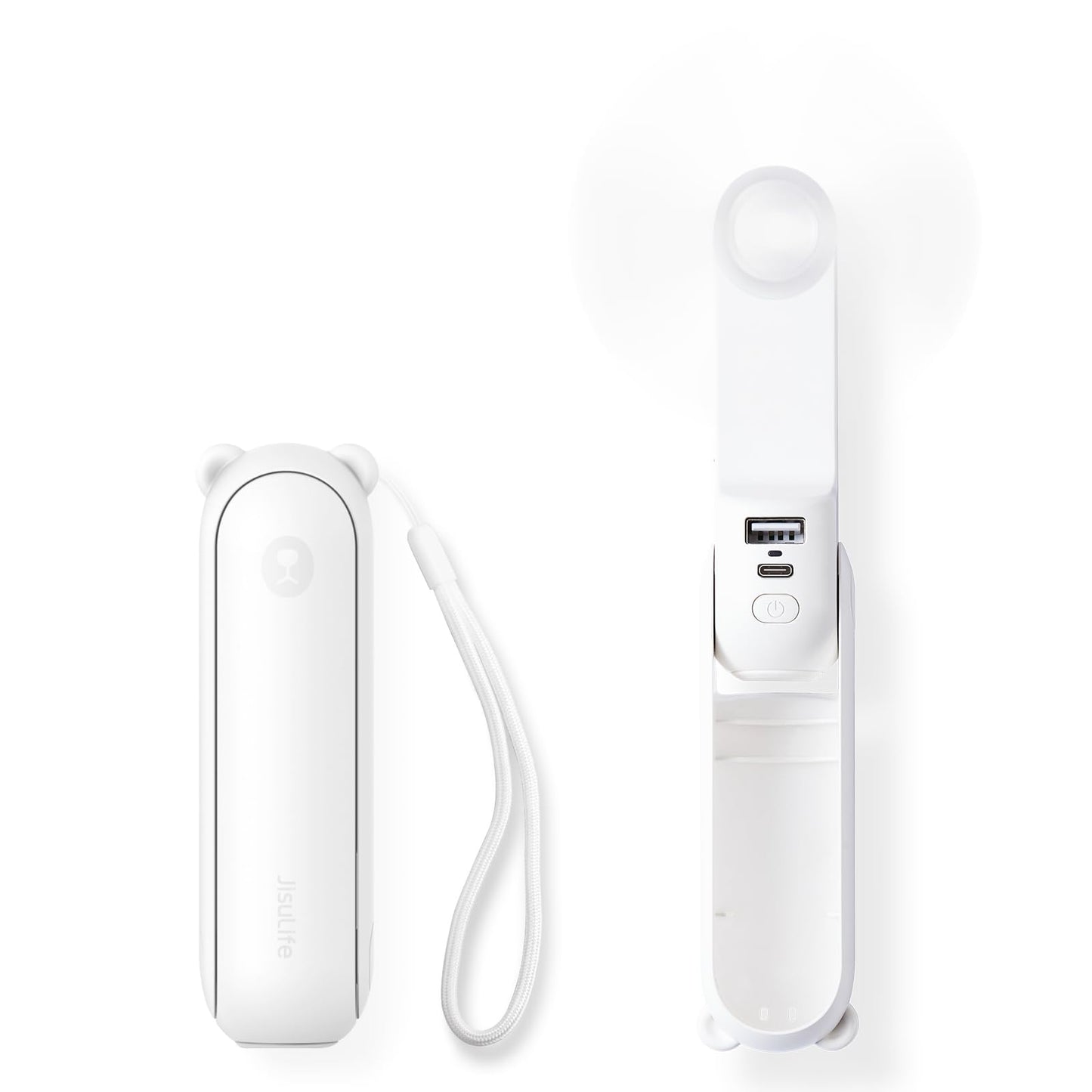 Handheld Mini Fan (White), 3-in-1 USB Rechargeable Portable Fan with Power Bank & Flashlight, Pocket Design for Travel & Summer