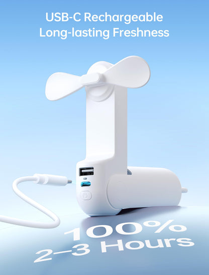 Handheld Mini Fan (White), 3-in-1 USB Rechargeable Portable Fan with Power Bank & Flashlight, Pocket Design for Travel & Summer