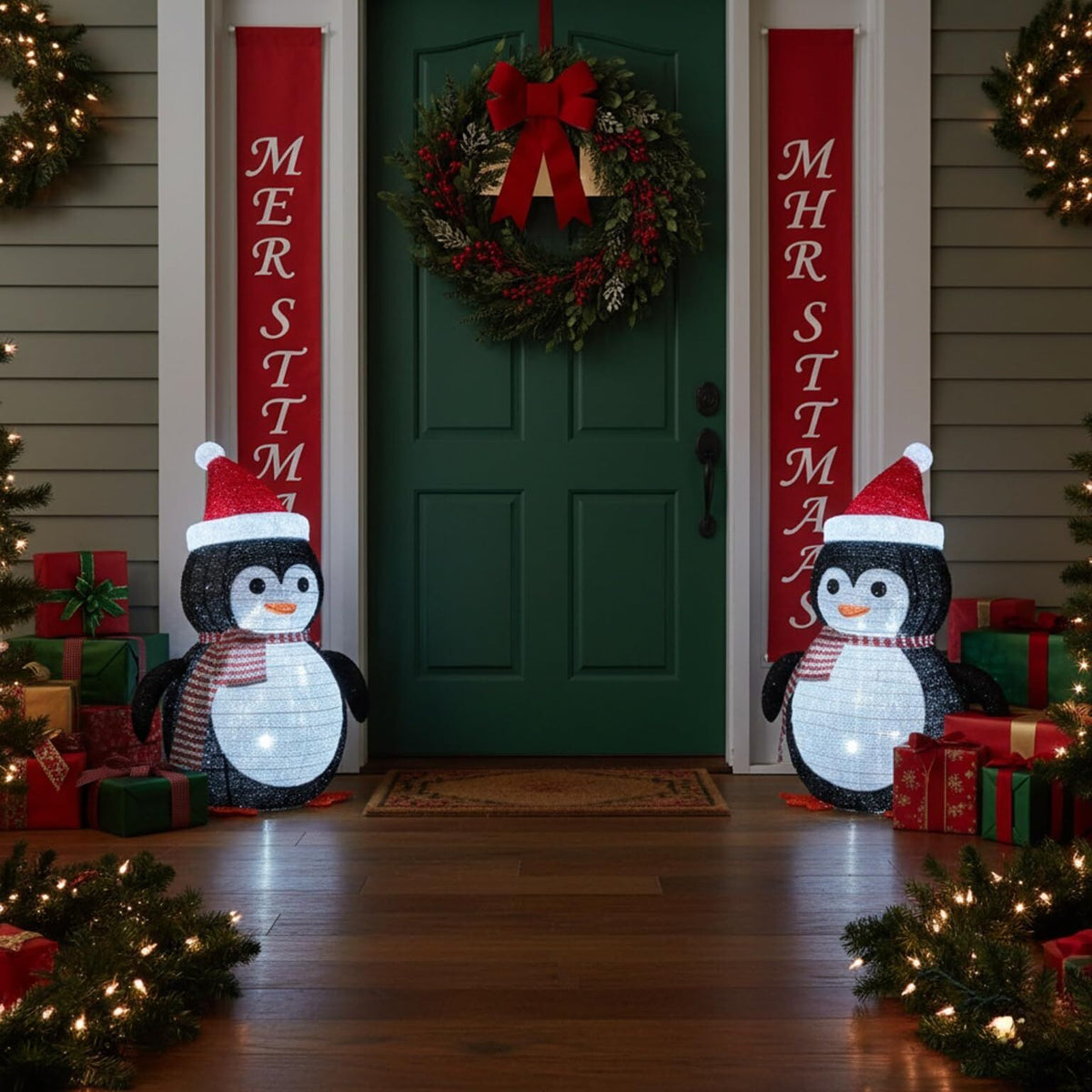 Lighted Christmas Penguin Decoration Lantern – Collapsible Metal Frame Yard Ornament with 45 Cool White LEDs, Waterproof Battery Operated & Timer, Indoor Outdoor Holiday Décor for Porch,Tree, and Lawn