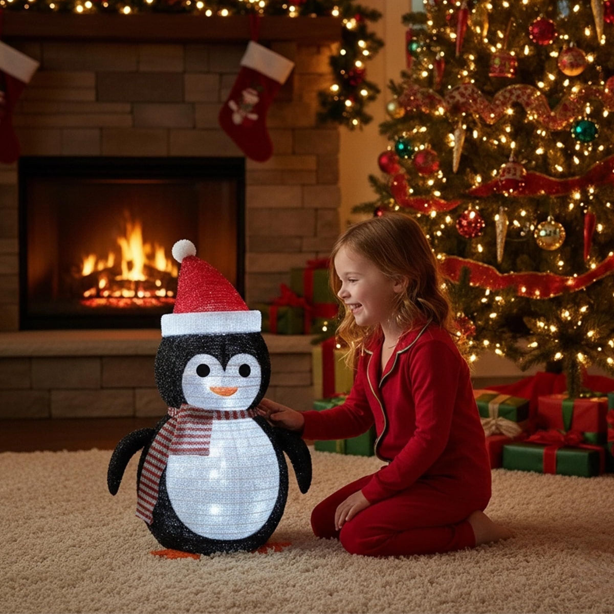 Lighted Christmas Penguin Decoration Lantern – Collapsible Metal Frame Yard Ornament with 45 Cool White LEDs, Waterproof Battery Operated & Timer, Indoor Outdoor Holiday Décor for Porch,Tree, and Lawn