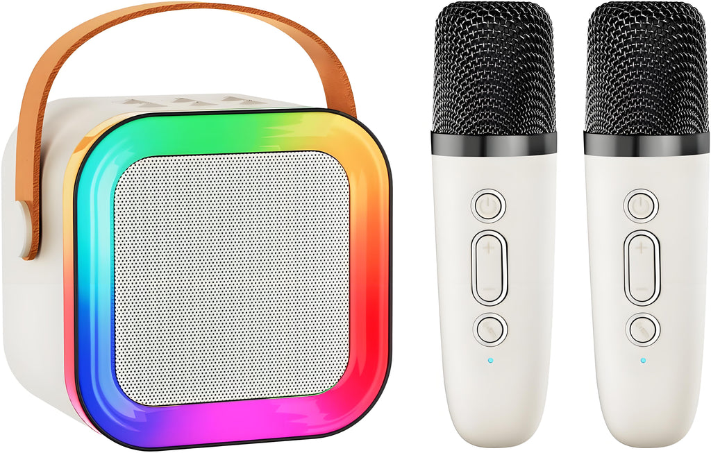 Off-White Mini Karaoke Machine with 2 Wireless Microphones: Portable Bluetooth Speaker for Kids & Adults, Ideal Gift for All Occasions