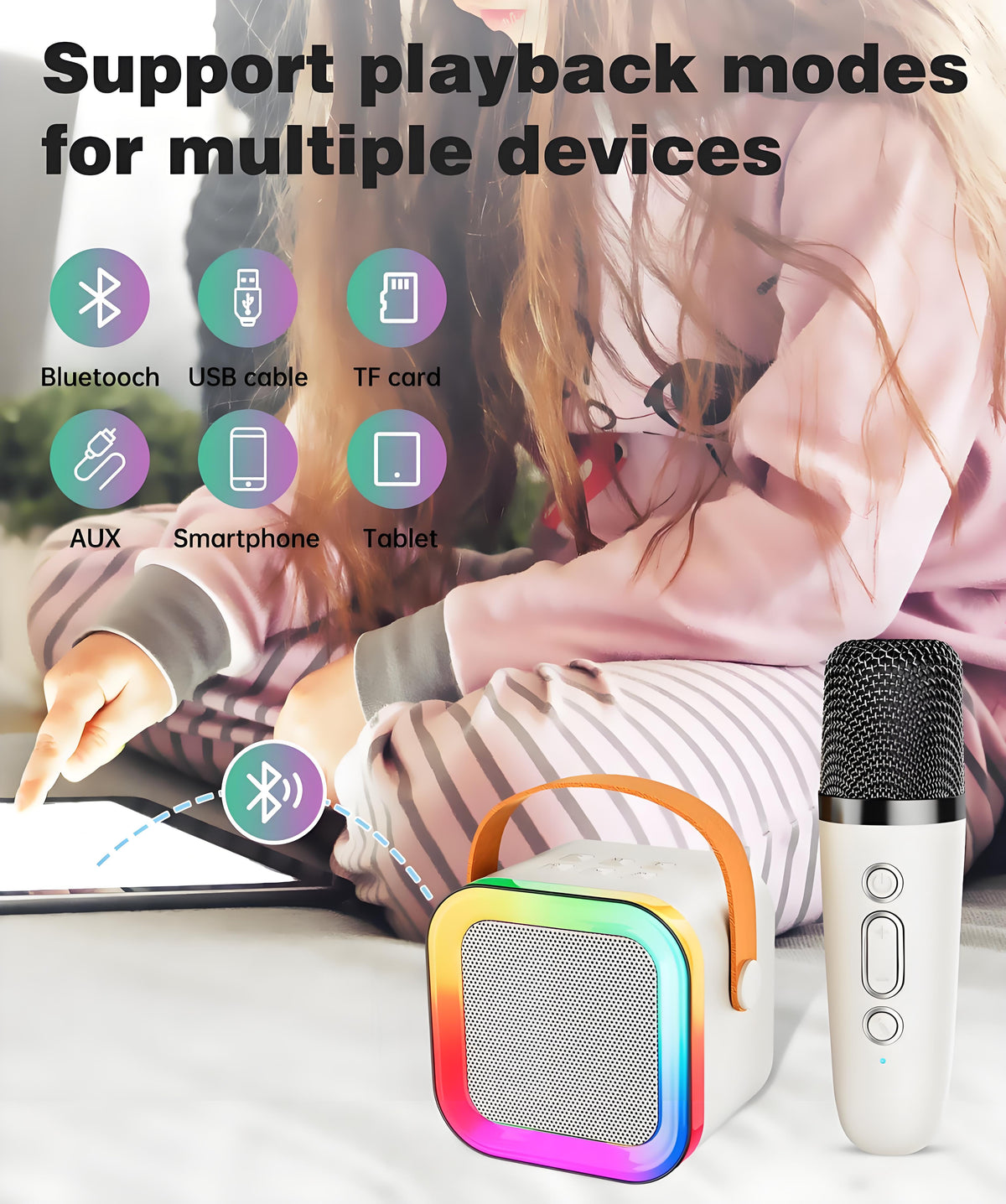 Off-White Mini Karaoke Machine with 2 Wireless Microphones: Portable Bluetooth Speaker for Kids & Adults, Ideal Gift for All Occasions