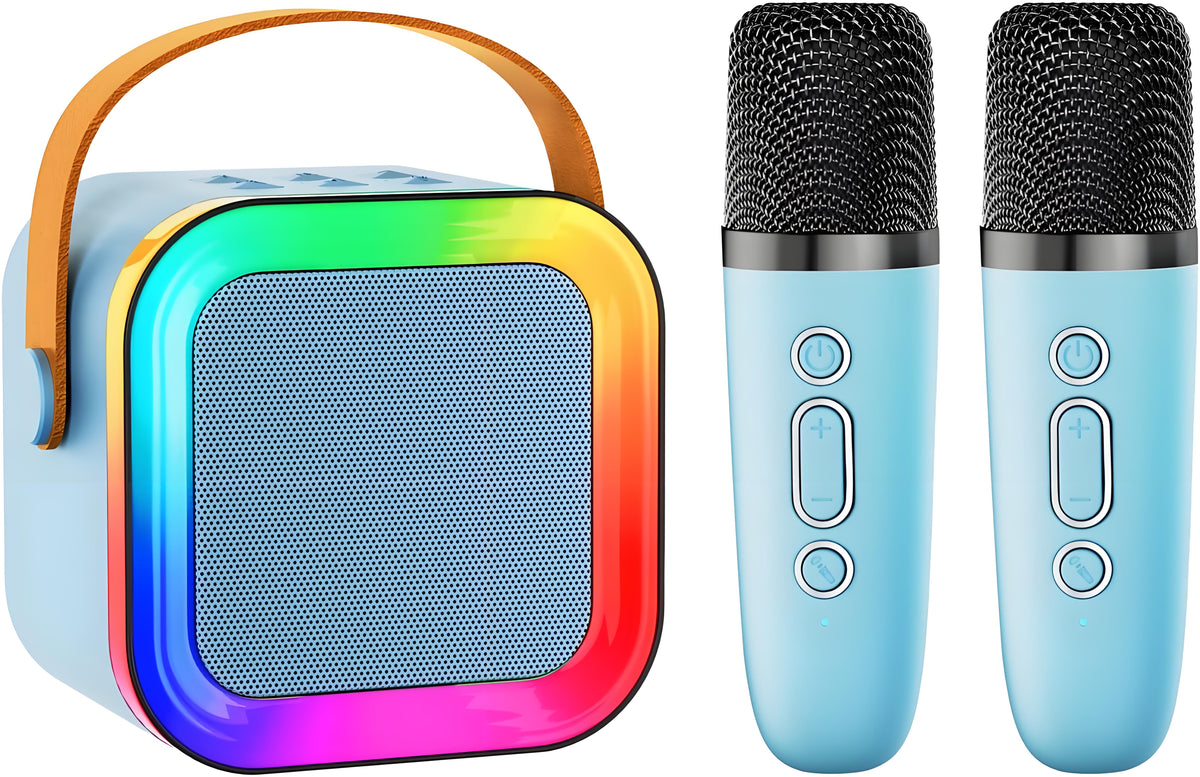 Black Mini Karaoke Machine with 2 Wireless Microphones: Portable Bluetooth Speaker for Kids & Adults, Ideal Gift for All Occasions