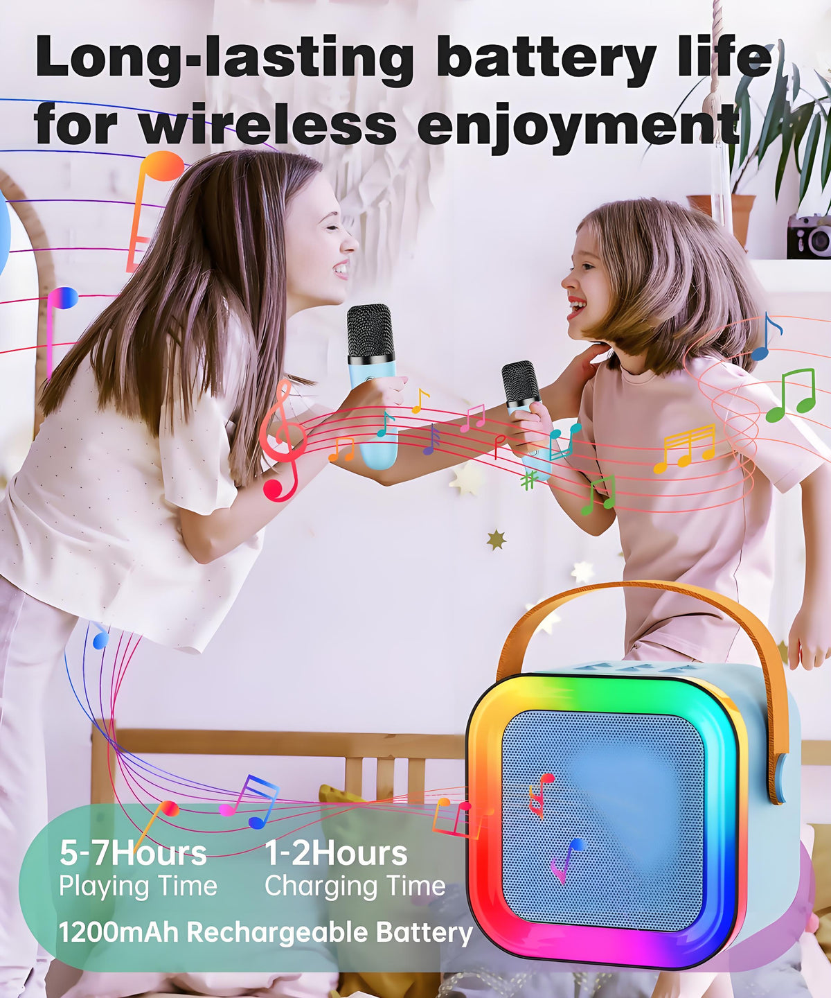 Black Mini Karaoke Machine with 2 Wireless Microphones: Portable Bluetooth Speaker for Kids & Adults, Ideal Gift for All Occasions