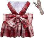 pet products Dog Dress Bowknot Harness Leash Set for Small Dogs Girl Cute Plaid Dog Dress Pearls Bow Tie Spring Summer Princess Clothes Birthday Holiday Doggie Outfits for Puppy Cats Girl Apparel