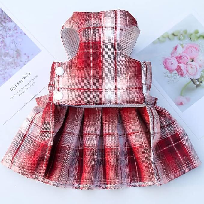 pet products Dog Dress Bowknot Harness Leash Set for Small Dogs Girl Cute Plaid Dog Dress Pearls Bow Tie Spring Summer Princess Clothes Birthday Holiday Doggie Outfits for Puppy Cats Girl Apparel