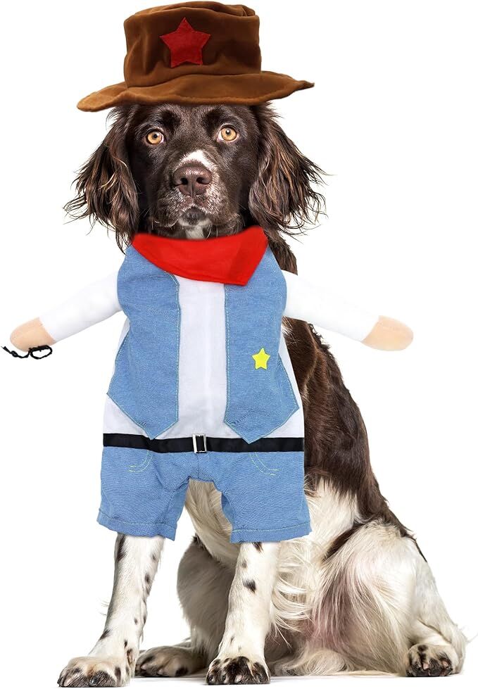 pet products Small Dog Cowboy Costume with Hat 2pcs Funny Halloween Chucky Costumes Cool West Cowboy Uniform Puppy Denim Overalls Western Cosplay Sheriff Outfits Cat Apparel