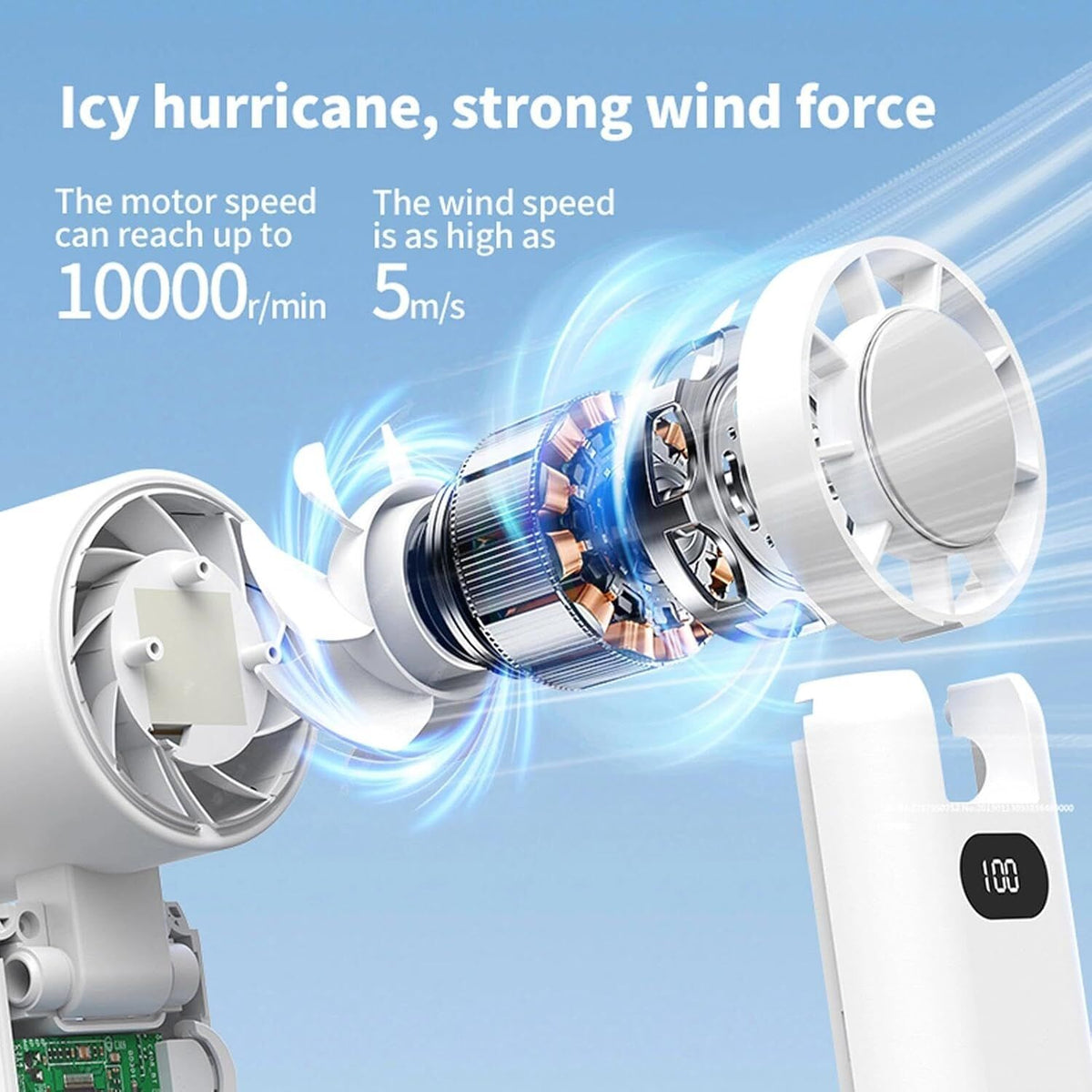 Portable Handheld Turbo Fan with Cooling Tech, Digital Display, 100-Speed Control, Rechargeable 4-in-1 Personal Fan for Travel, Outdoor, Office (White)