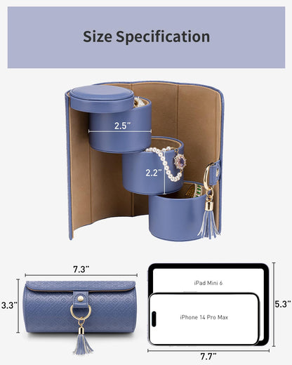 Purple Travel Jewelry Case: 3-Layer PU Cylinder Organizer for Necklaces, Earrings, Gifts for Travelers & Jewelry Lovers