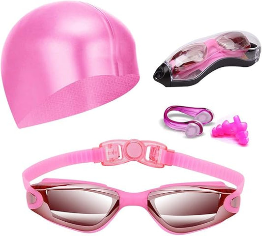 Pink Swim Goggles Set with Cap, Nose Clip, Earplugs & Case: Anti-Fog UV Protection for Men & Women