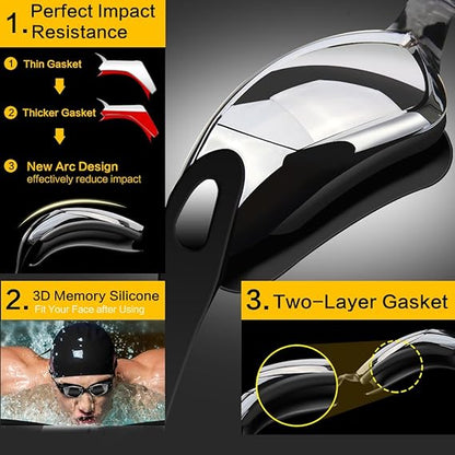 Pink Swim Goggles Set with Cap, Nose Clip, Earplugs & Case: Anti-Fog UV Protection for Men & Women