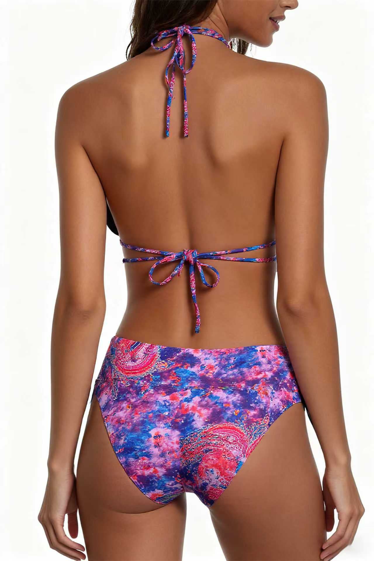 Double Strap Tie-Dye Cosmic Pattern Print Bikini Deep V Swimwear Tie-Dye Swimsuit Size S