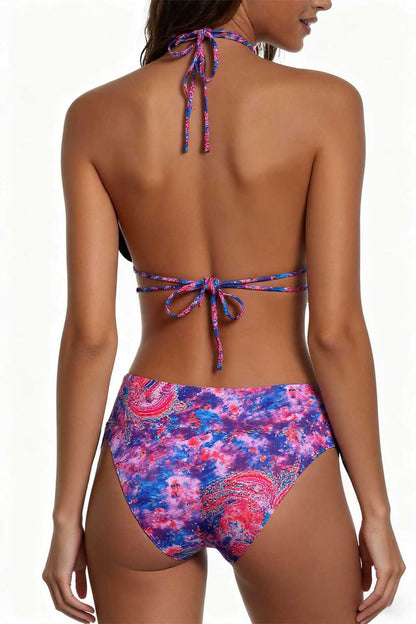 Double Strap Tie-Dye Cosmic Pattern Print Bikini Deep V Swimwear Tie-Dye Swimsuit Size S