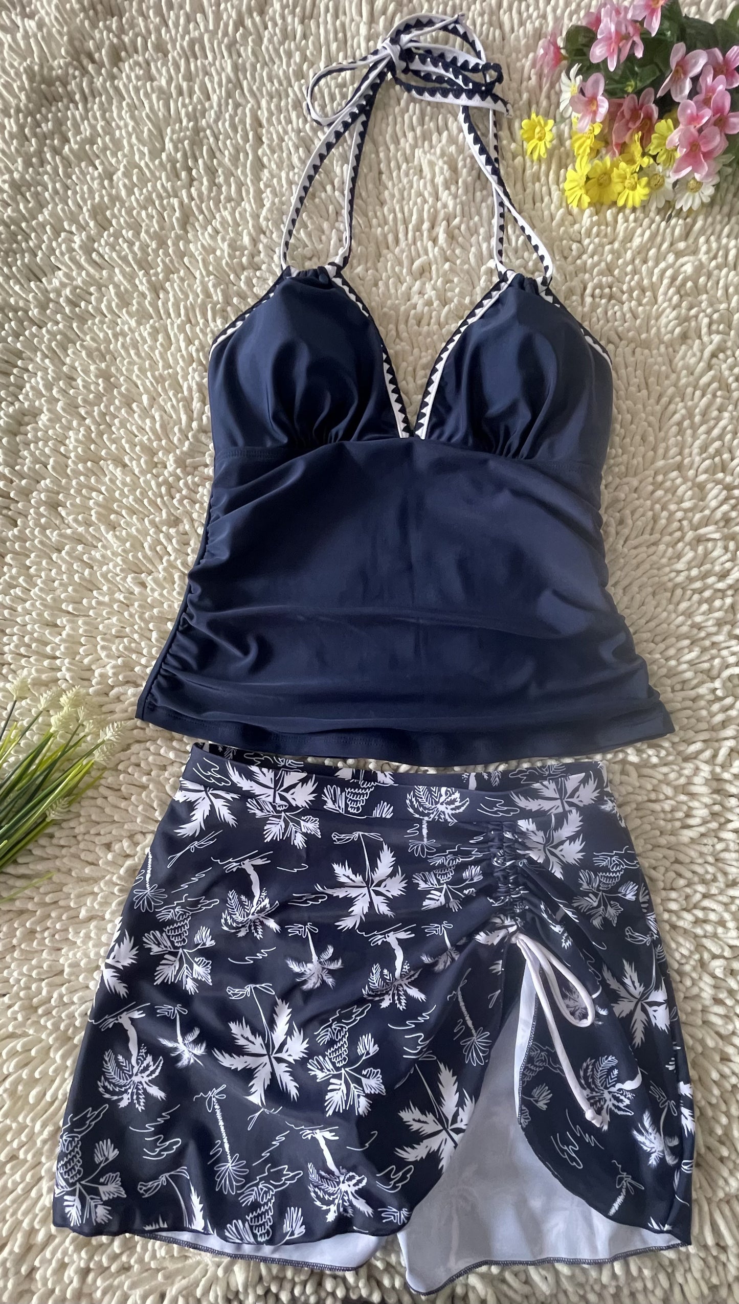 2026 New Sexy Deep V Two Piece Tankini Floral Printed Split Swimsuit Size S