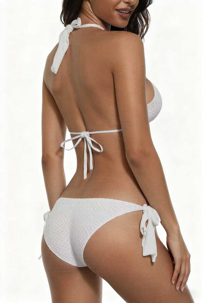 Three-Dimensional Pattern Fabric Bikini White Simple Metal Chain Swimsuit Sexy Deep V Tie Swimwear Size L
