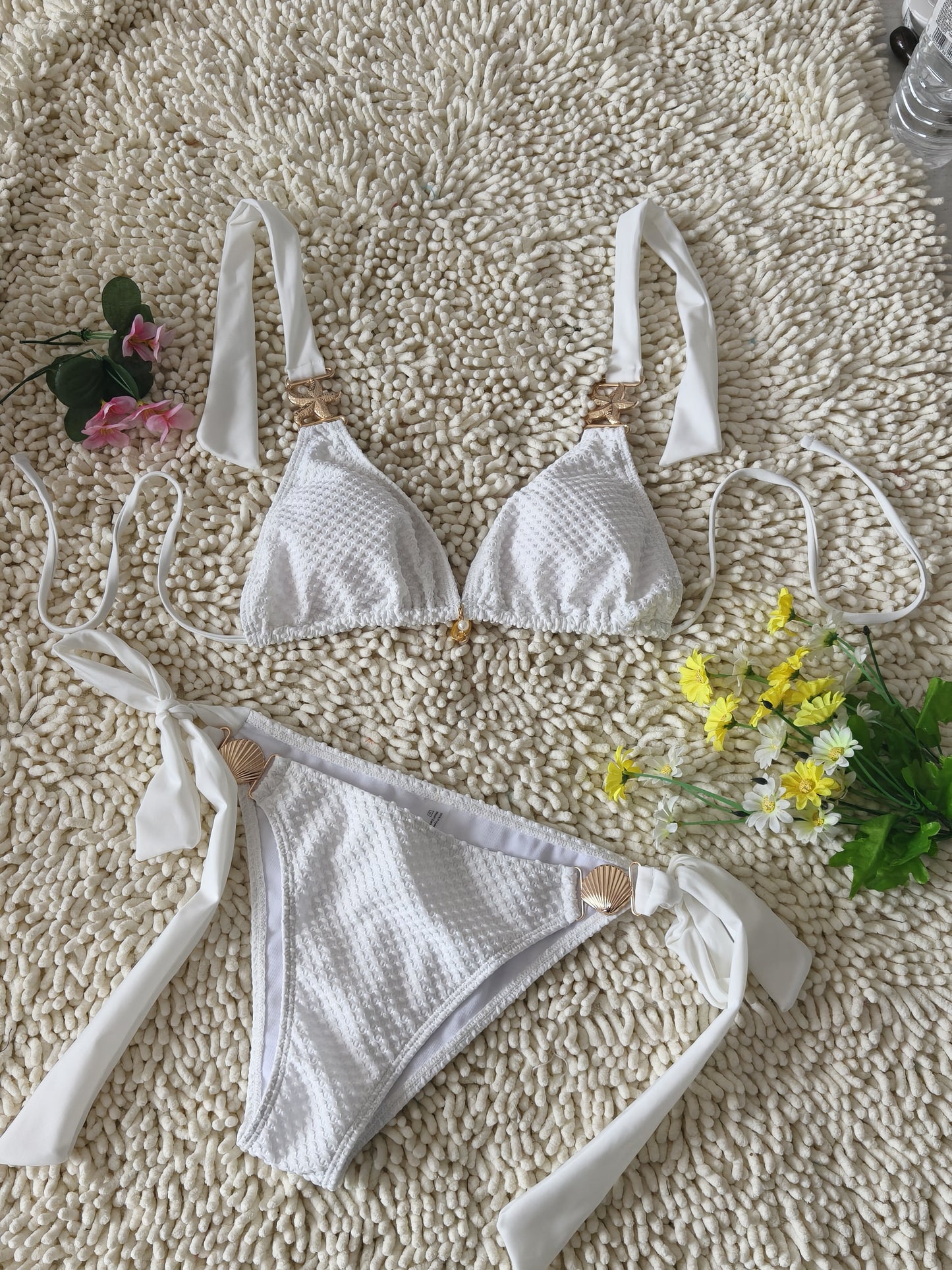 Three-Dimensional Pattern Fabric Bikini White Simple Metal Chain Swimsuit Sexy Deep V Tie Swimwear Size XL