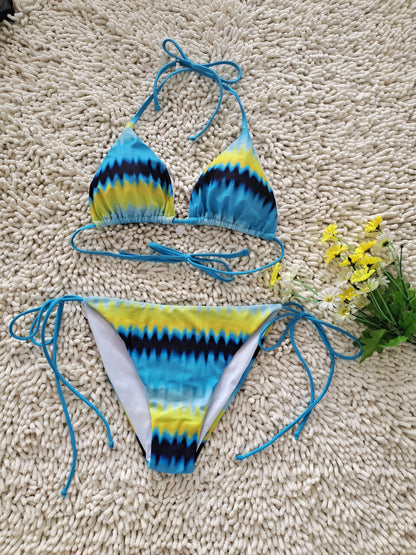 2026 New Bikini Yellow and Blue Color Clash Design Swimsuit Wave Pattern Print Eco-friendly Fabric Size L