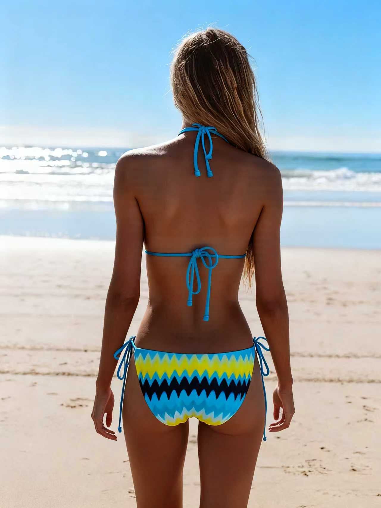 2026 New Bikini Yellow and Blue Color Clash Design Swimsuit Wave Pattern Print Eco-friendly Fabric Size XL
