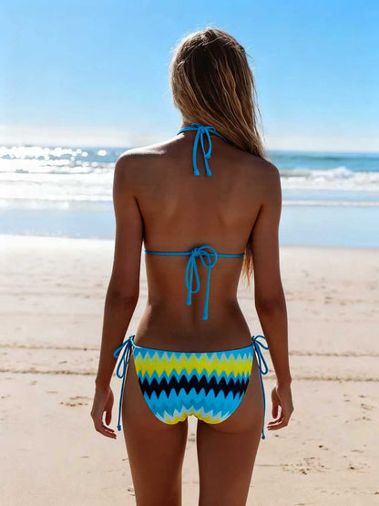 2026 New Bikini Yellow and Blue Color Clash Design Swimsuit Wave Pattern Print Eco-friendly Fabric Size XL