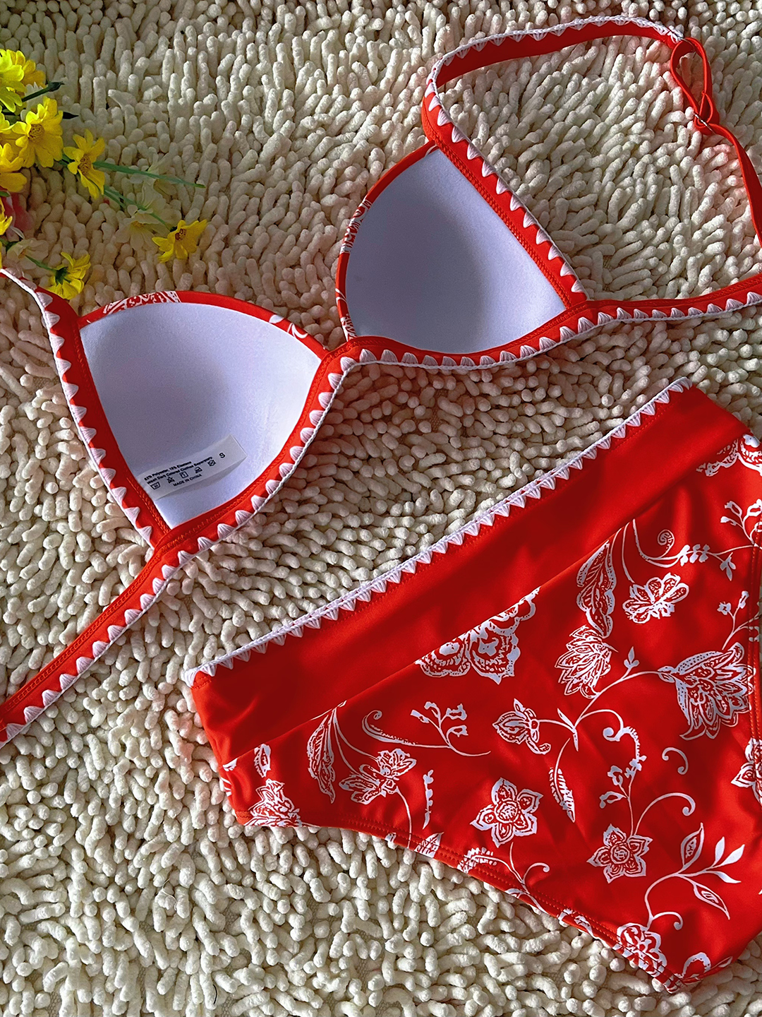 New Hard Cup Bra Padded High Waist Floral Printed Swimsuit Orange Bikini Size L
