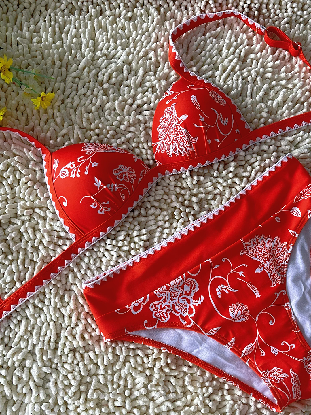 New Hard Cup Bra Padded High Waist Floral Printed Swimsuit Orange Bikini Size S