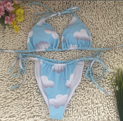 White Clouds Cute Bikini Sky Blue Deep V Tie Swimsuit Size M