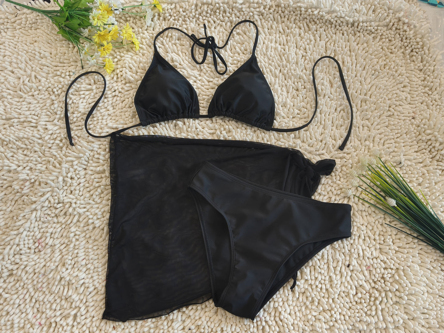 Three Piece Bikini Gauze See Through Sexy Deep V Black Swimsuit Size S