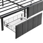 Double Bed Frame with 2 Storage Drawers and LED Lights Headboard, Upholstered Bed Frame with Charging Station, No Box Spring Needed, Easy Assembly - Grey