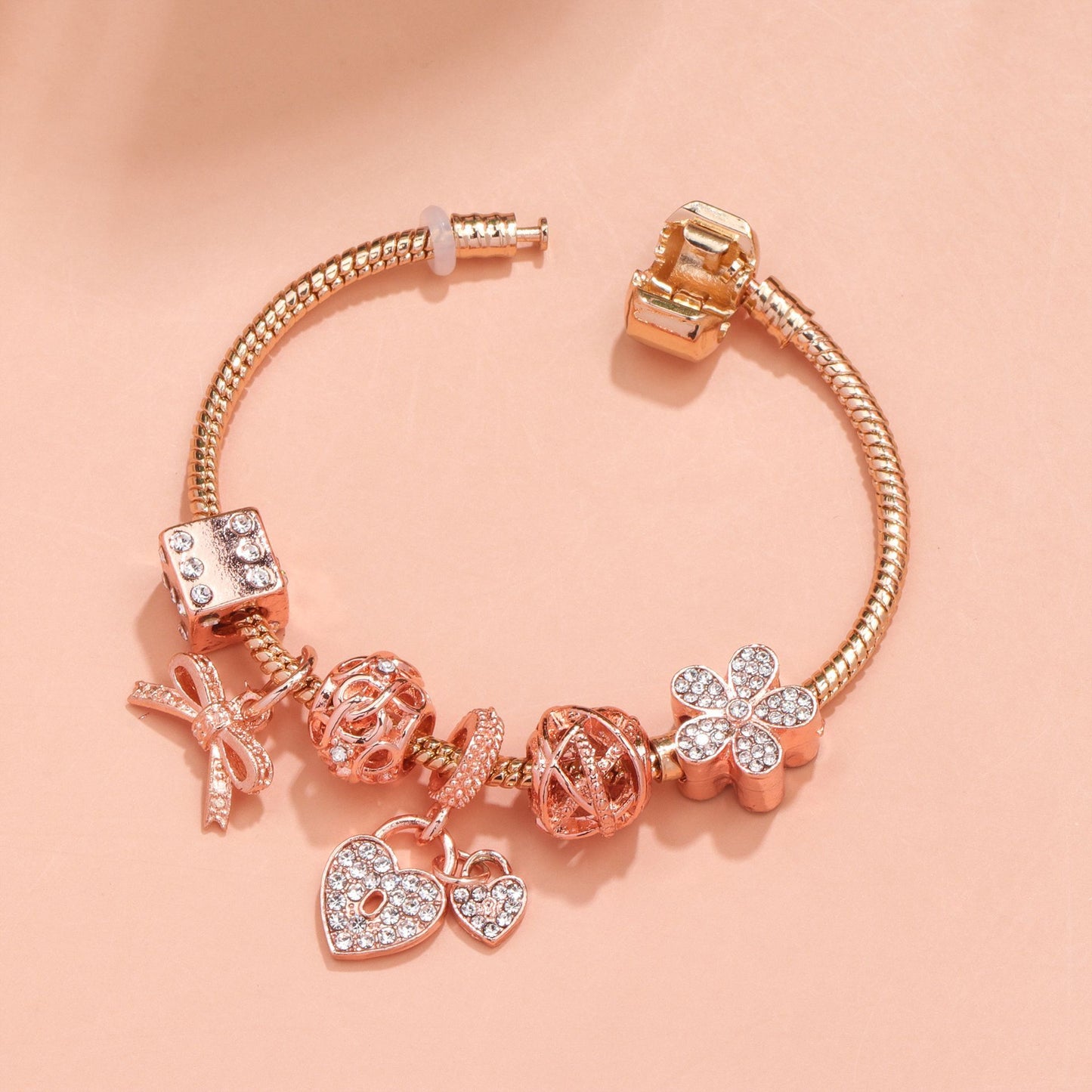 Hollow Out Crystal Flower Heart Bow Charm Bracelet(rose gold,21cm)