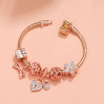 Hollow Out Crystal Flower Heart Bow Charm Bracelet(rose gold,21cm)