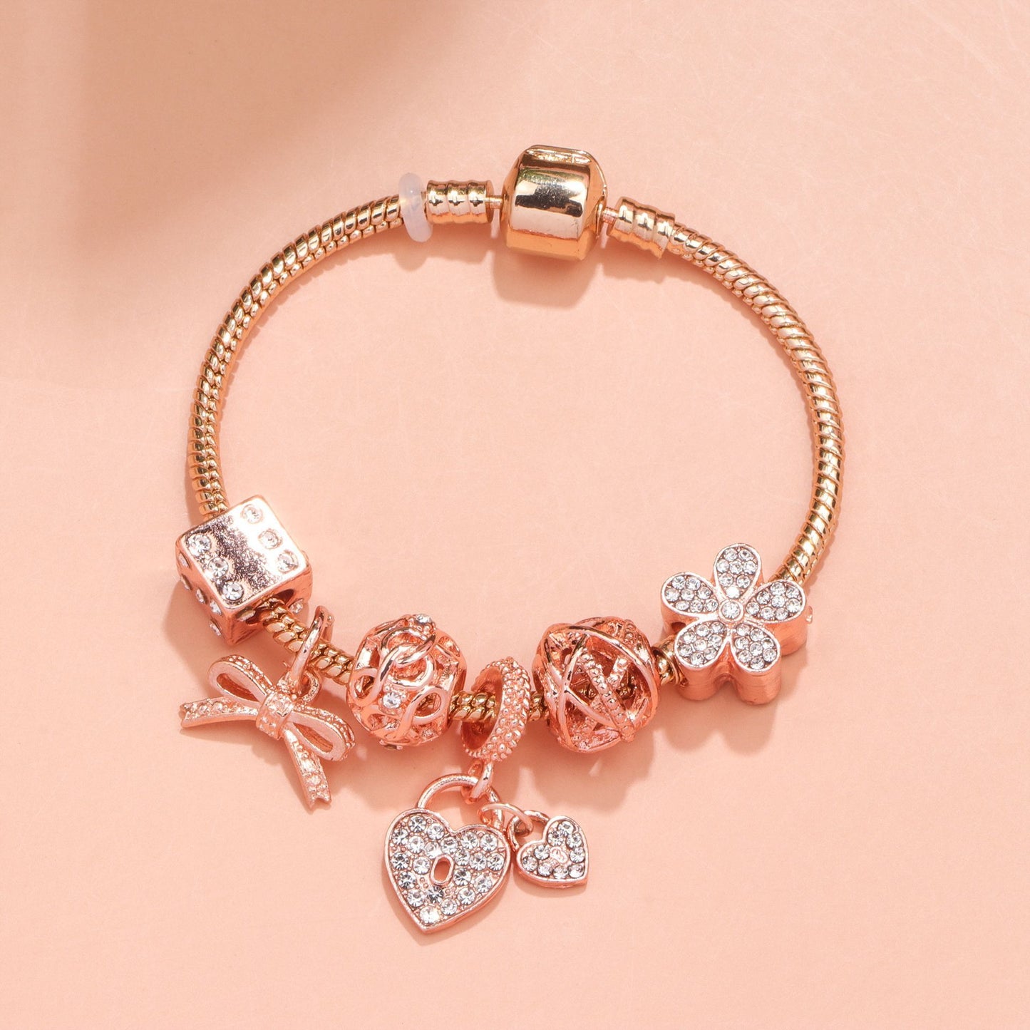 Hollow Out Crystal Flower Heart Bow Charm Bracelet(rose gold,21cm)