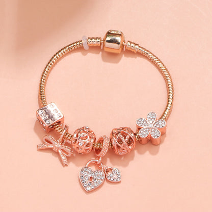 Hollow Out Crystal Flower Heart Bow Charm Bracelet(rose gold,21cm)