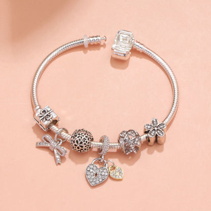 Hollow Out Crystal Flower Heart Bow Charm Bracelet(silver-toned,17cm)