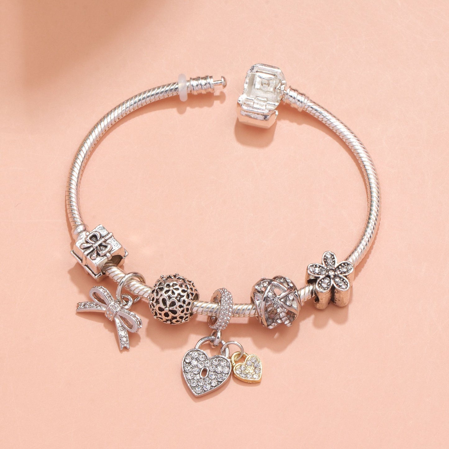 Hollow Out Crystal Flower Heart Bow Charm Bracelet(silver-toned,19cm)