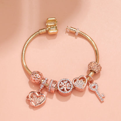 Crystal-studded Hollow Heart Key Tree of Life Bracelet(rose gold,17cm)
