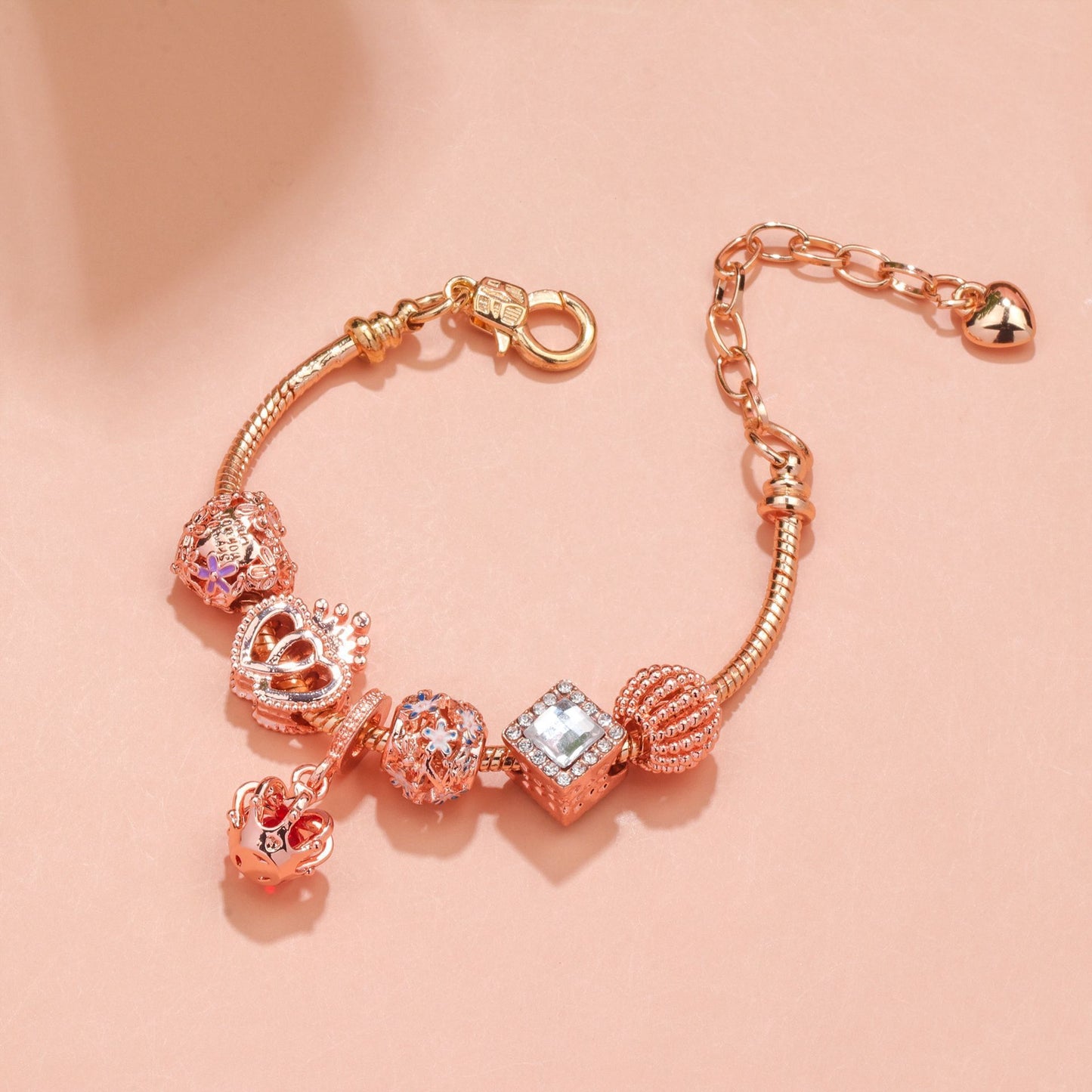Hollow-out Rhinestone Heart Flower Charm Bracelet(rose gold,17cm)