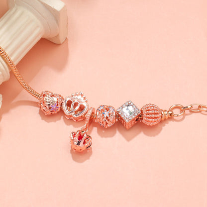 Hollow-out Rhinestone Heart Flower Charm Bracelet(rose gold,19cm)