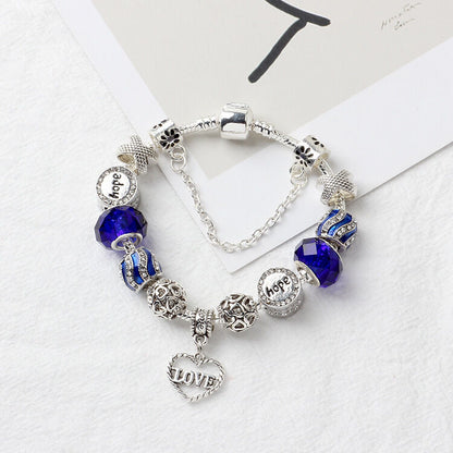 Romantic Love Heart Pendant Bracelet with Rhinestones, Glass Beads(19cm)
