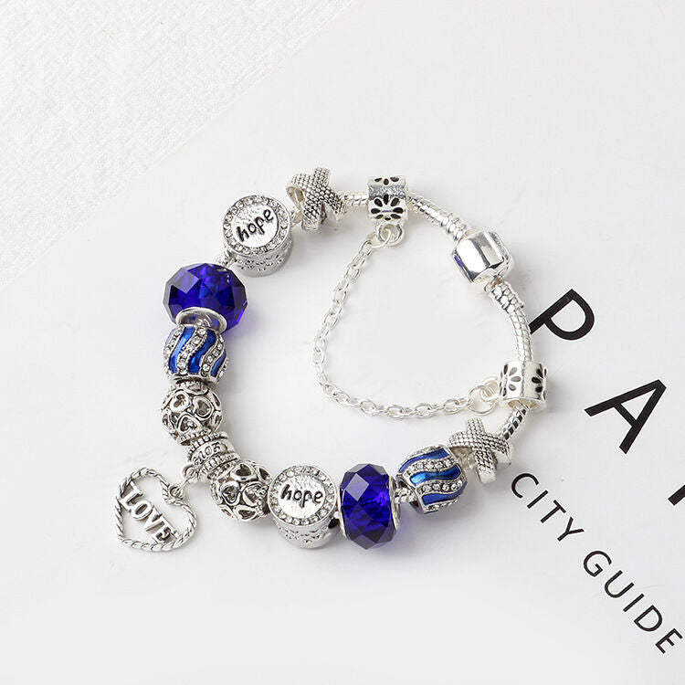 Romantic Love Heart Pendant Bracelet with Rhinestones, Glass Beads(19cm)