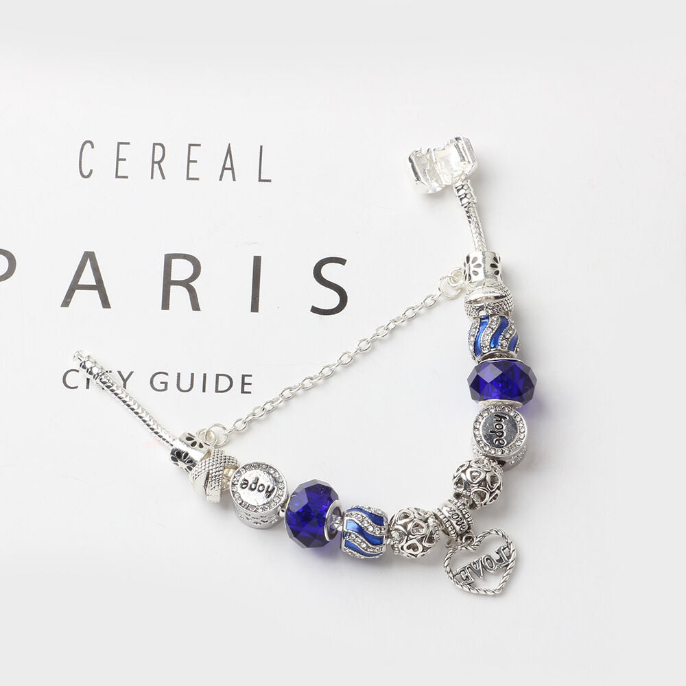 Romantic Love Heart Pendant Bracelet with Rhinestones, Glass Beads(20cm)