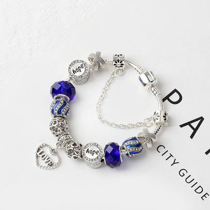 Romantic Love Heart Pendant Bracelet with Rhinestones, Glass Beads(20cm)