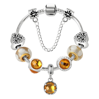 Yellow Zircon Heart Glass Beaded Bracelet with Rhinestones(20cm)