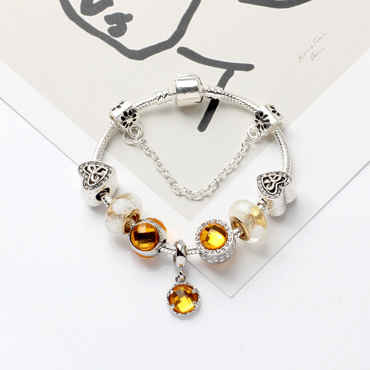 Yellow Zircon Heart Glass Beaded Bracelet with Rhinestones(20cm)