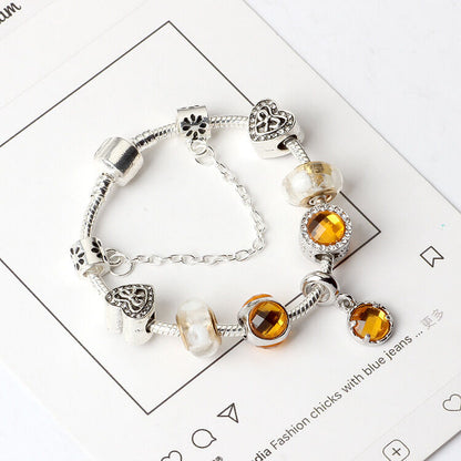 Yellow Zircon Heart Glass Beaded Bracelet with Rhinestones(20cm)