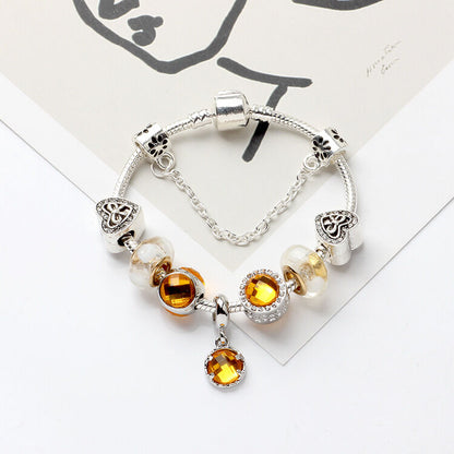 Yellow Zircon Heart Glass Beaded Bracelet with Rhinestones(21cm)