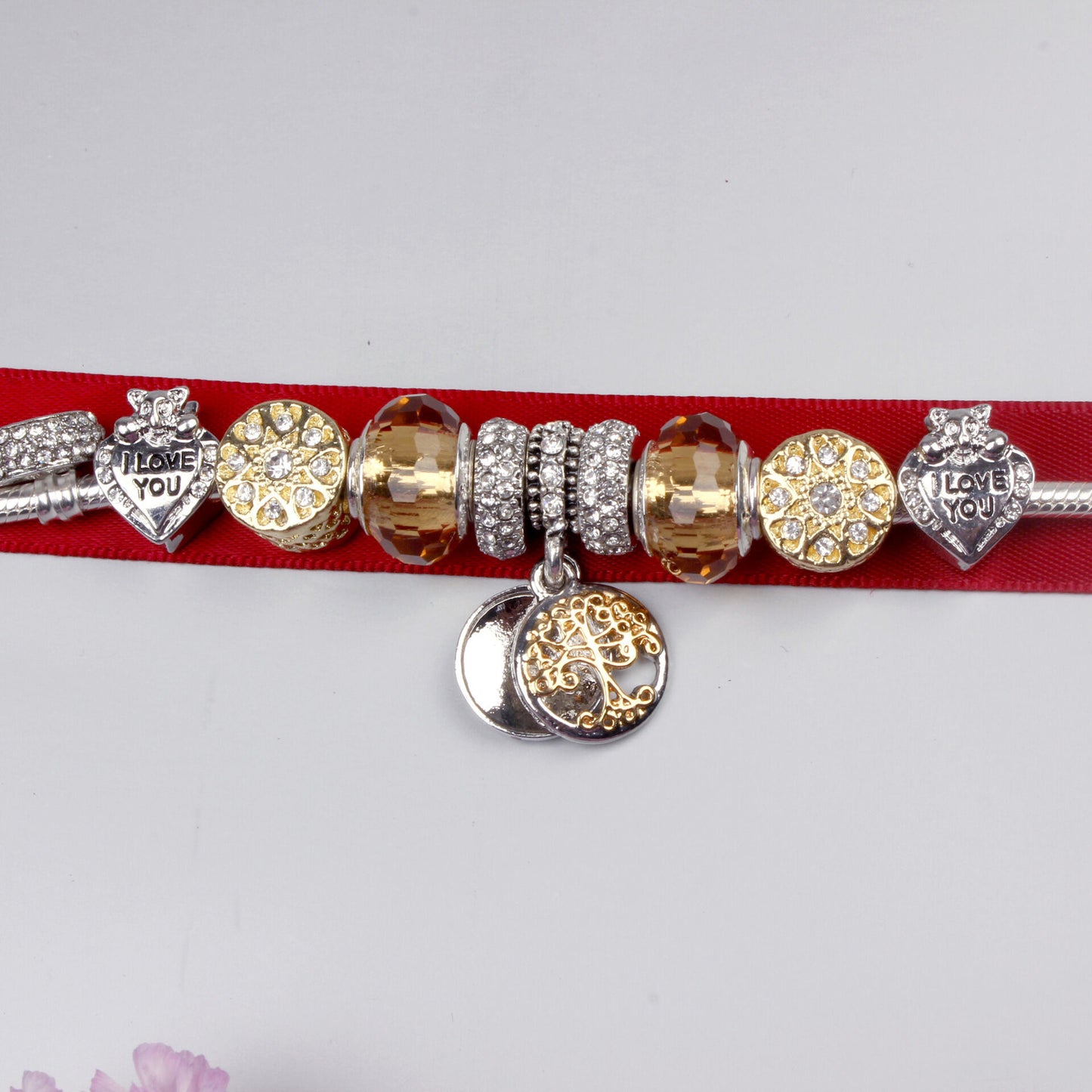 Crystal Bead & Tree of Life Pendant Bracelet with Rhinestones(20cm)